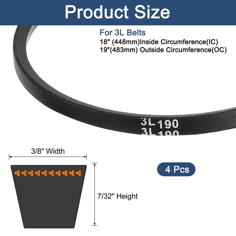 sourcing map 4Pcs 3L190 Classic Wrapped Rubber V-Belt, 19"(483mm) Outside