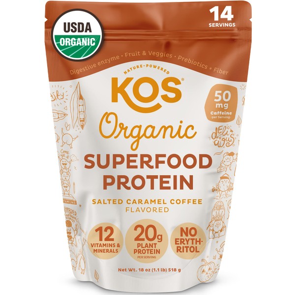 KOS Vegan Protein Powder, No Erythritol, Salted Caramel Coffee - Organic Pea Protein Blend, Plant Based Superfood rich in Vitamins & Minerals, Dairy Free, Meal Replacement for Women & Men, 14 Servings