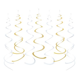 Gold and White Foil Swirl Hanging Decoration Streamer for Birthday Graduation New Year Wedding Party Supplies, Pack of 20