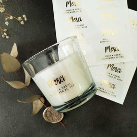 XOXOKristen Wedding Favor Stickers, Clear Gold Foiled Wedding Labels, Merci Wedding Stickers in Silver or Rose Gold, Elegant Thank you Wedding Stickers (Silver Foil, White Glossy)