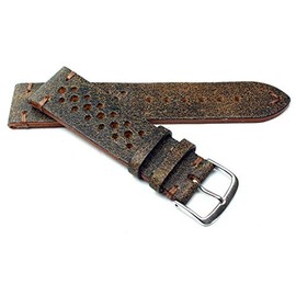 22 mm Fluco Racing Rally Vintage Cowhide Leather Watch Strap Handmade in Germany Robust Brown Tone on Tone Stitching, Brown silver clasp, Strap.
