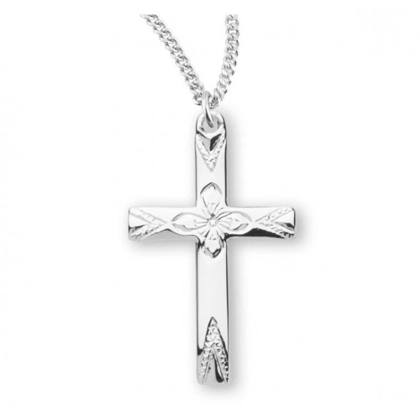 Flower Center Sterling Silver 0.9" Cross + 18" Chain S1740