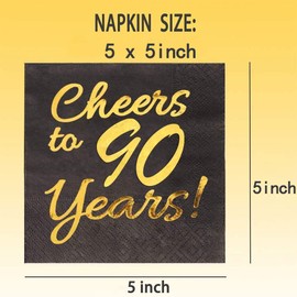 90th Birthday Decorations for Men Women Party Supplies Cocktail Napkins Black 50 Pack,5"x 5" Folded,Cheers to 90 Years! (90)
