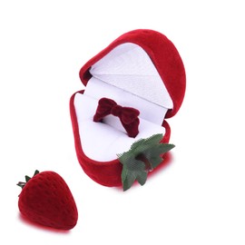 MXXGMYJ Strawberry Wedding Ring Box with Bow Rings Set Red Velvet Strawberry Gift Cute Bowknot Rings for Women Birthday Engagement Gifts for Her Display Props Christmas Ring with Box