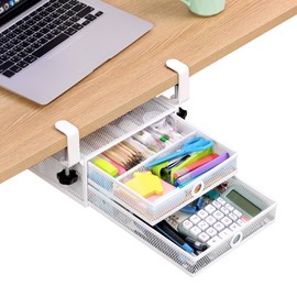 Euyona 2-Tier Clamp-On Mesh Organizer, Under Desk Storage with Slide-Out Tray, No Drilling Tool-Free Installation, Durable Rust-Resistant Metal, Large-Capacity Organizer.