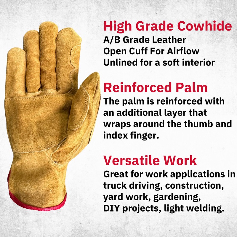 Cestus GU-602, Reinforced Leather Work Gloves, Premium Grade Split Cowhide,