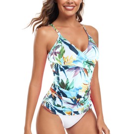 RELELCIGA Women’s Tankini Top V Neck Ruched Tummy Control Bathing Suit Top(Leaf Print,M)