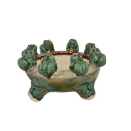 New 8" Oriental Chubby Frogs Frog Sitting on top of a Green Reactive Glaze Bamboo Planter Bowl Plant Pot with Feet