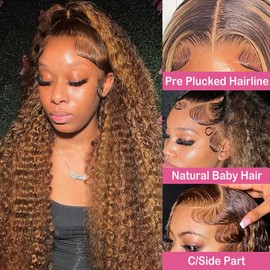 NARNI Honey Blonde Deep Wave Lace Front Wig Human Hair P4/27 13x4 Lace Frontal Wigs Human Hair 200 Density Highlight Ombre Curly Glueless Wigs Pre Plucked 24 Inch