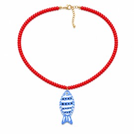 DIOWUS Fish Pendant Necklace For Women, Boho Summer Exaggerated Marine Animal Blue Acrylic Resin Beaded Y2k Charm Necklaces Fashionable Beach Vacation Gifts Jewelry (Long+Red Bead+Blue Fish)