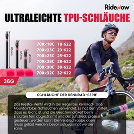 RideNow 36 g TPU Inner Tube Road Bike Compatible with 700 x 18/23/25/28/30/32C, 2 Pack 700C Ultralight Bicycle Inner Tube with Presta Valve 85 mm