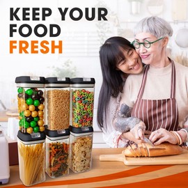 Cheer Collection Airtight Food Storage Containers for Kitchen Organization - Set of 6 Identical 42oz Pantry Organizer Storage Bins with Lids - BPA Free with Markers and 24 Reusable Labels – Black
