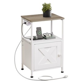 WLIVE End Table with Charging Station, Bed Side Table with Open Shelf and Cabinet, Farmhouse Night Stand, End Tables Living Room, Bedroom, Small Spaces, White and Greige
