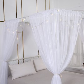 Akiky Princess Canopy Bed Curtains Set Sheer Curtain for Twin Full Queen Size Bed Drapes,8 Panels Canopies with Light,Room Décor(Twin, White)