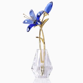 Ornalrist Crystal Tiger Lily Flowers with Vase Metal Stem Blue Lily Flower Collectible Gifts for Women, Glass Lilium Floral Figurines for Home Anniversary Party Decor