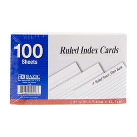 BAZIC Ruled Index Cards 3" X 5" 100 Count, White Flashcards, Ruled Lined Card for Learning Memory Reminder (100/Pack), 1-Pack