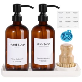 Kitchen Soap Dispenser Set with Ceramic Tray and Stainless Steel Pump, Hand and Dish Soap Dispenser Set with 6 Waterproof Labels, Dish Soap and Hand Soap Dispenser Set with Bamboo Brush&Funnel, Amber