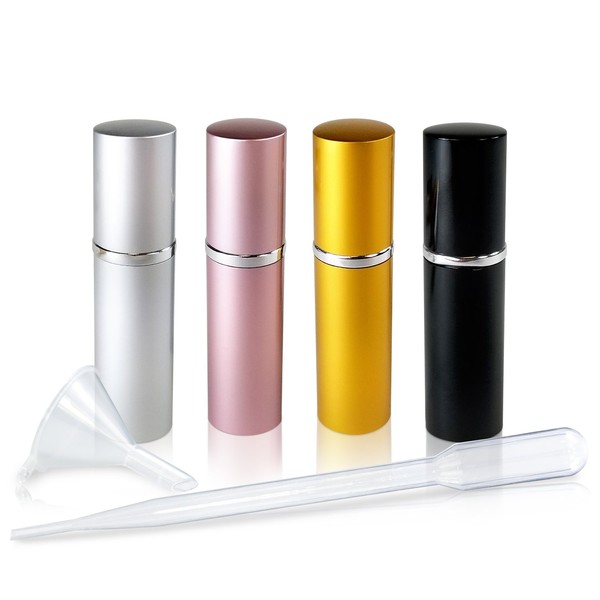 Refillable Perfume & Cologne Fine Mist Atomizers with Metallic Exterior & Glass Interior - Portable Travel Size - 3ml Squeeze Transfer Pipette Included - 4 Pc Pack of 5ml (Silver,Black,Gold,Pink)