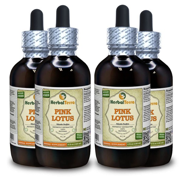 Pink Lotus (Nelumbo Nucifera) Tincture, Organic Dried Leaves and Flowers Liquid Extract (Brand Name: HerbalTerra, Proudly Made in USA) 4x4 fl.oz (4x120 ml)