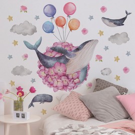 Whale Cartoon Whale Whale Wall Stickers Sea Animals Fashion Sea Life Coral Whale Wallpaper Underwater World Ocean Animals Colorful Balloons Pink Flowers Clouds Stars DIY Boys Girls Kids Room