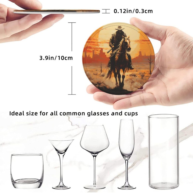 Famame 6 Pcs West Desert Cowboy Sunset Leather Coasters for