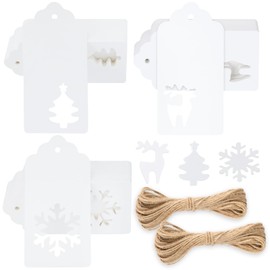 jijAcraft Christmas Gift Tags, 150Pcs Christmas Tags with String, Blank Xmas Gift Tags, White Paper Hollow Christmas Trees, Rudolph and Snowflake Shapes Gift Tags for Christmas Presents, DIY Craft
