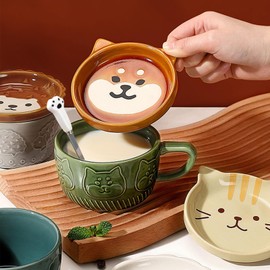 Linda taza de café Kawaii para perro, tazas de café con tapas, novedosa taza de té de cerámica para café, taza de té de postre, regalos de cumpleaños de Navidad para niñas, amigas y niños, regalos