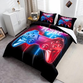 Tabeskly Boy Red Black Gaming Bedding Duvet Cover Set Double, Kids Gamepad Gamer Soft Zipper Childrens Full Bed 3 Piece Quilt Covers and Pillowcases 200×200cm