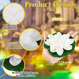 24 Luces Flotantes de Piscina Linternas de Loto Flores Flotantes Artificiales Realistas para Piscina con Luces LED Linterna de Agua de Nenúfar con Pilas (Blanco, 3.94 Pulgadas)