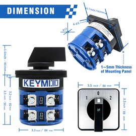 KEYMOO 125A Rotary Changeover Switch, 660V 3 Position 2 Phase 8 Terminals, 2-Way 2NO 2NC Universal Selector Switch with Yellow Fork Terminals 125/D202.2 (125A 8 Terminals)