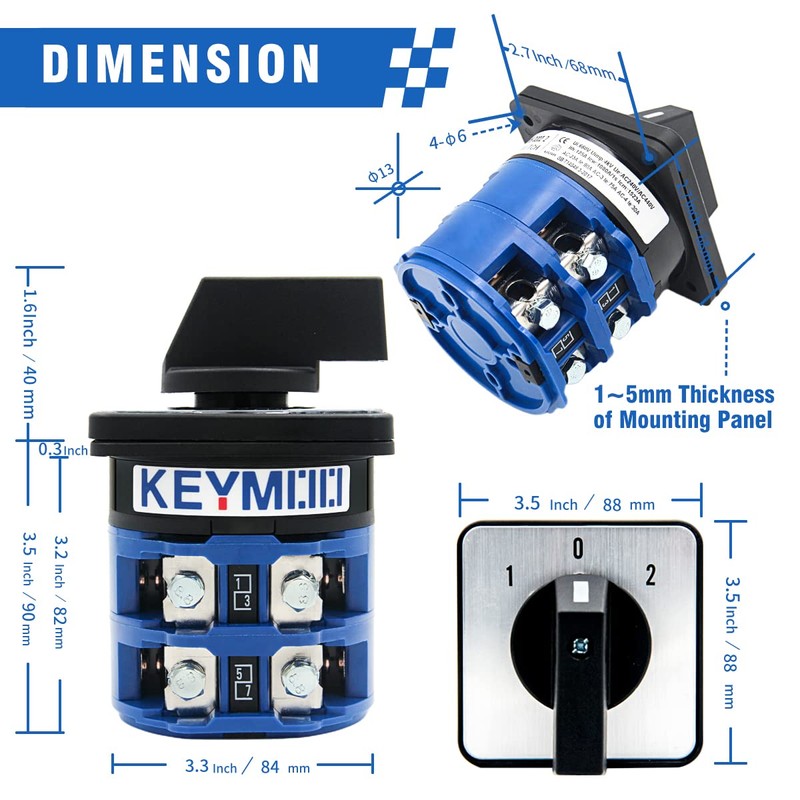 KEYMOO 125A Rotary Changeover Switch, 660V 3 Position 2 Phase
