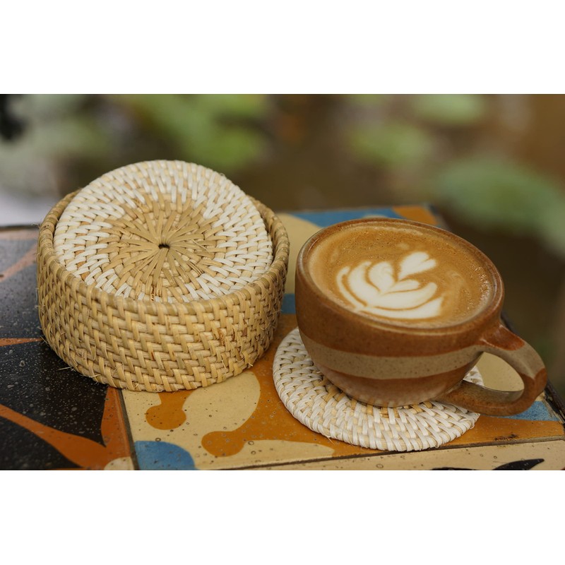 L.Bo Ethnic Handwoven Rattan Coasters Set, 6 Pieces with Holder,