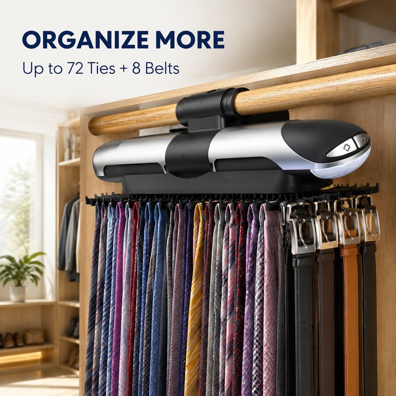 Motorized Tie & Belt Rack with LED Light, Holds 72