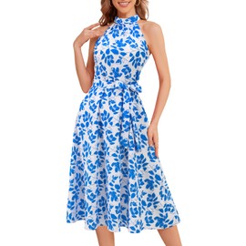 Bbonlinedress Halter Summer Floral Boho Vacation Dress Midi Casual Sundress Beach Wedding Guest Sleeveless Plus Size Dress White Small Blue Flower 2XL