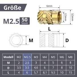 ORTAVA M2.5 Thread Insert, Pack of 50 Press-in Nuts, Brass Embedding Nuts, Knurled Nuts, M2.5 x 6 x 3.5 mm, Threaded Inserts for Plastic Parts by Heat or Ultrasonic in 3D Printer Parts