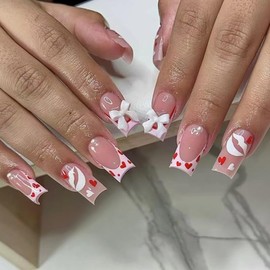 Valentine’s Day Press on Nails Medium Square Fake Nails Pink French Tip False Nails with Designs Heart Lip Glue on Nails 3D Cute Bow Stick on Nails Full Cover Artificial Nails for Women 24 Pcs