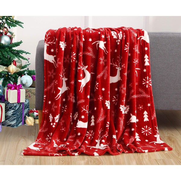 Elegant Comfort Luxury Velvet Super Soft Christmas Prints Fleece Blanket-Holiday Theme Home Décor Fuzzy Warm and Cozy Throws for Winter Bedding, Couch and Gift, 50" x 60", Burgundy Reindeer