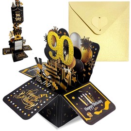 Black Gold Pop Up 90th Birthday Card for Women Men Him Her 90 Years Birthday Gifts,Male Female 90th Birthday 3D Pop-Up Greeting Card with Note and Envelope for Daughter Son Mom Dad Wife Husband Friend