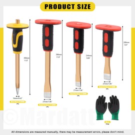 Mardatt 5Pcs Heavy Duty Masonry Chisel Set with Hand Guard & Gloves, 7.8" 9.8" 11.8" Point Chisel and Flat Chisel, Concrete Mortar Breaker Chisel for Demolishing Carving Scaling Cutting