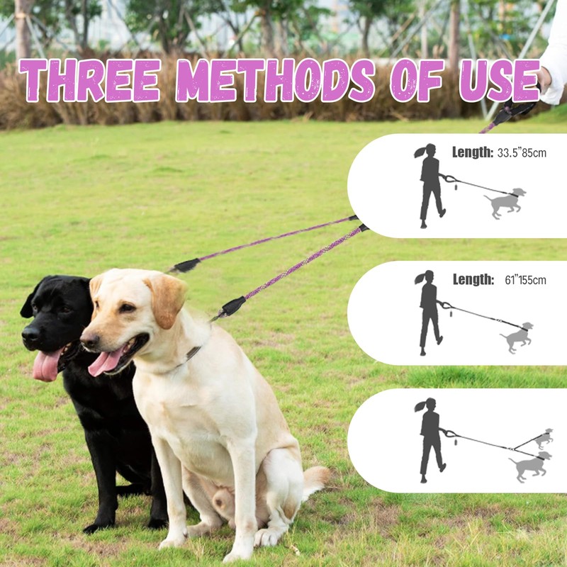 Double Dog Lead，Heavy Duty Reflective Leash with Padded Handles Dual