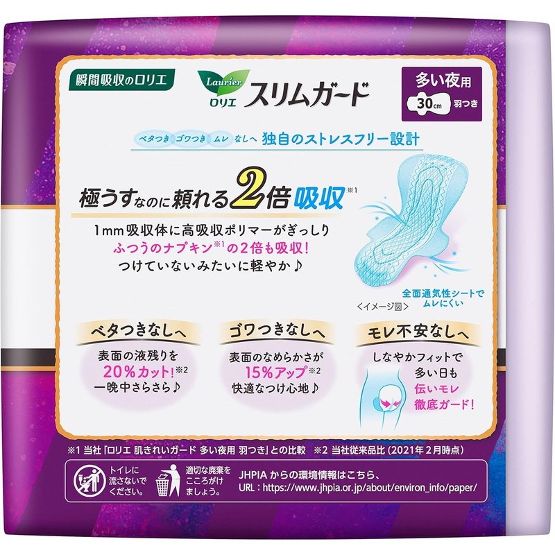 ロリエ スリムガード 多い夜用 羽つき 2倍吸収 30cm (15枚入り×2個セット）生理用品 ナプキン ウェットティッシュ付き まとめ買い