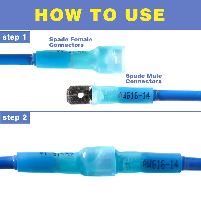 haisstronica 100pcs Blue Heat Shrink Male Spade Connectors,16-14 Gauge Insulated