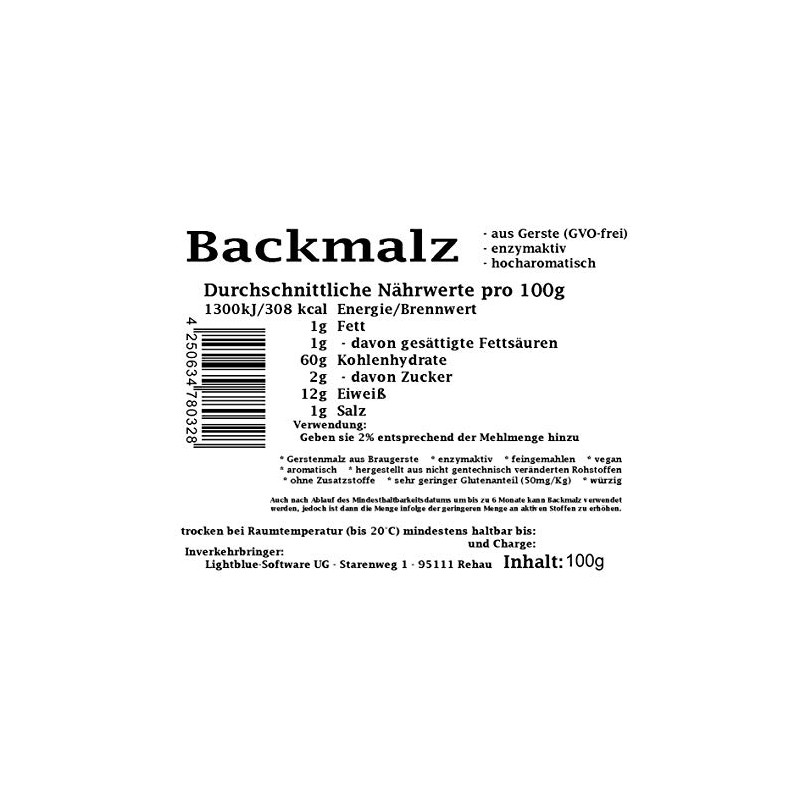 Baking malt 100 g, from barley, enzyme-active, minimum 7 months