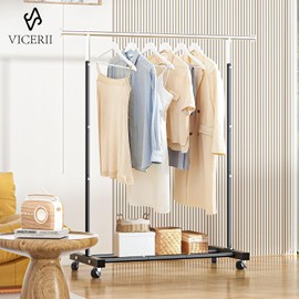 VICERII Clothing Rack, 55.51 Inch Heavy Duty Clothes Rack Rolling Garment Rack with Wheels and Bottom Shelf, 130LB Capacity Clothes Racks for Hanging Clothes, Coats, Shirts, Sweaters, Skirts, Black