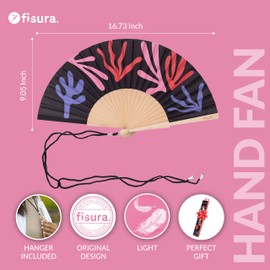 Fisura – Original Folding Fan with Coral Print, Modern and Colourful Folding Handheld Fan, Black Design for Wedding, Rave, Festival - Includes Strap. Size: 42.5 x 23 cm