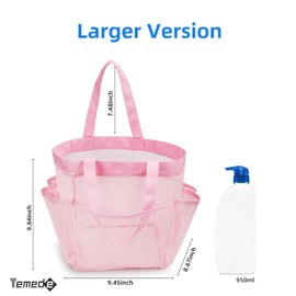 Temede Mesh Shower Caddy Tote, Large Shower Caddy Basket Portable, Quick Dry Hanging Toiletry Bag, 8 Storage Pocket Bath Organizer for College Dorm, Gym, Camp, Travel (Pink)