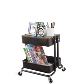 2-Tier Utility Rolling Cart Storage Organizer Sofa Side Table with Wheels, Under Desk Mobile Trolley Organizer with Handle and 2 Hanging Baskets for Office Home Kitchen Organization, Transparent