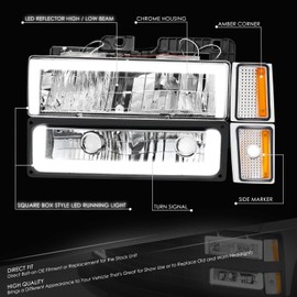 DNA MOTORING Square Box Style LED DRL Headlight+Bumper Signal+Corner Lamps Set Compatible with 88-93 Chevy C/K1500-3500,Chrome/Amber,HL-LB5-8P-C1088-CH-AM