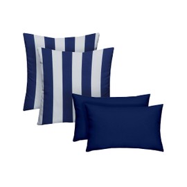 RSH DECOR Set of 4 Square and Lumbar Accent Pillows | Indoor/Outdoor All Weather Polyester Fabric | Reversible | 17" x 17" & 20" x 12" | Veranda Blue & White Stripe + Veranda Blue