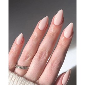 OFFHU Press On Nails,French Tip Press On Nails, Soft Gel Stick On fake Nails, Reusable Short Press On Nails Almond Kit for Women, 30Pcs in 12 Sizes with Nail Glue (Classic Nude Solid, Medium)